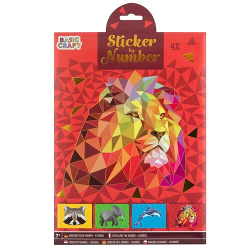 Sticker by Number with 4 cards - Raccoon, Elephant, Dolphin and Lion