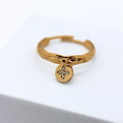 Anillo ajustable hecho a mano en acero inoxidable y circonitas.