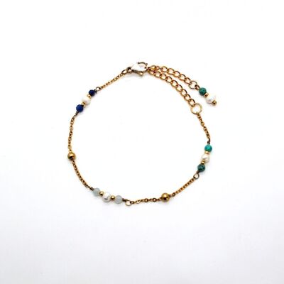 Bracelet fait main en acier inoxydable doré, pierres naturelles et perles d'eau douce ( 15 cm )