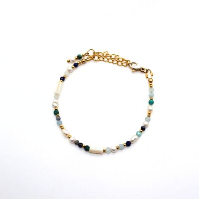 Bracelet fait main en acier inoxydable doré, pierres naturelles et perles d'eau douce ( 15cm)