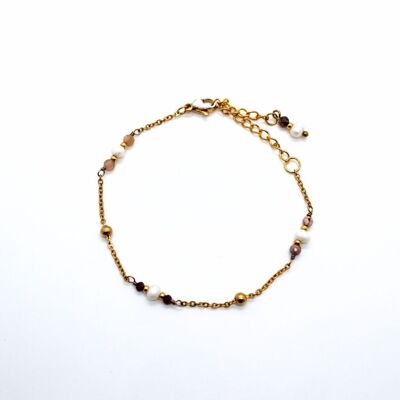 Bracelet fait main en acier inoxydable doré, pierres naturelles et perles d'eau douce ( 15 cm )