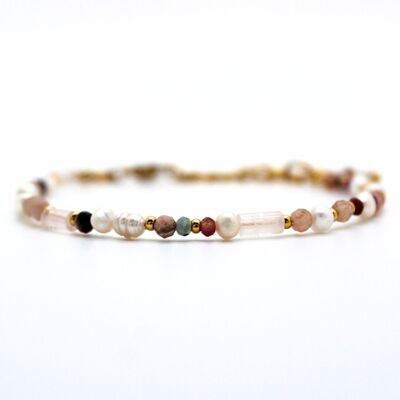 Bracelet fait main en acier inoxydable, perles d'eau douce et pierres naturelles roses ( 15 cm )