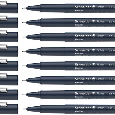 Schneider Pictus Fineliner (8 different line thicknesses: 0.05 - 0.9 mm) black, case of 8 pieces