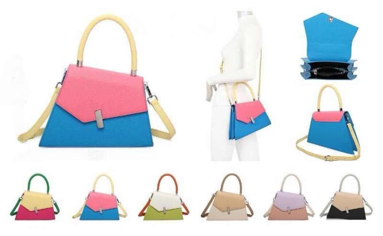 Borsa a mano da donna in materiale sintetico tricolore con patta. Riduzione