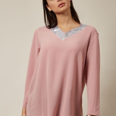 Top oversize con dettagli sul colletto di paillettes rosa