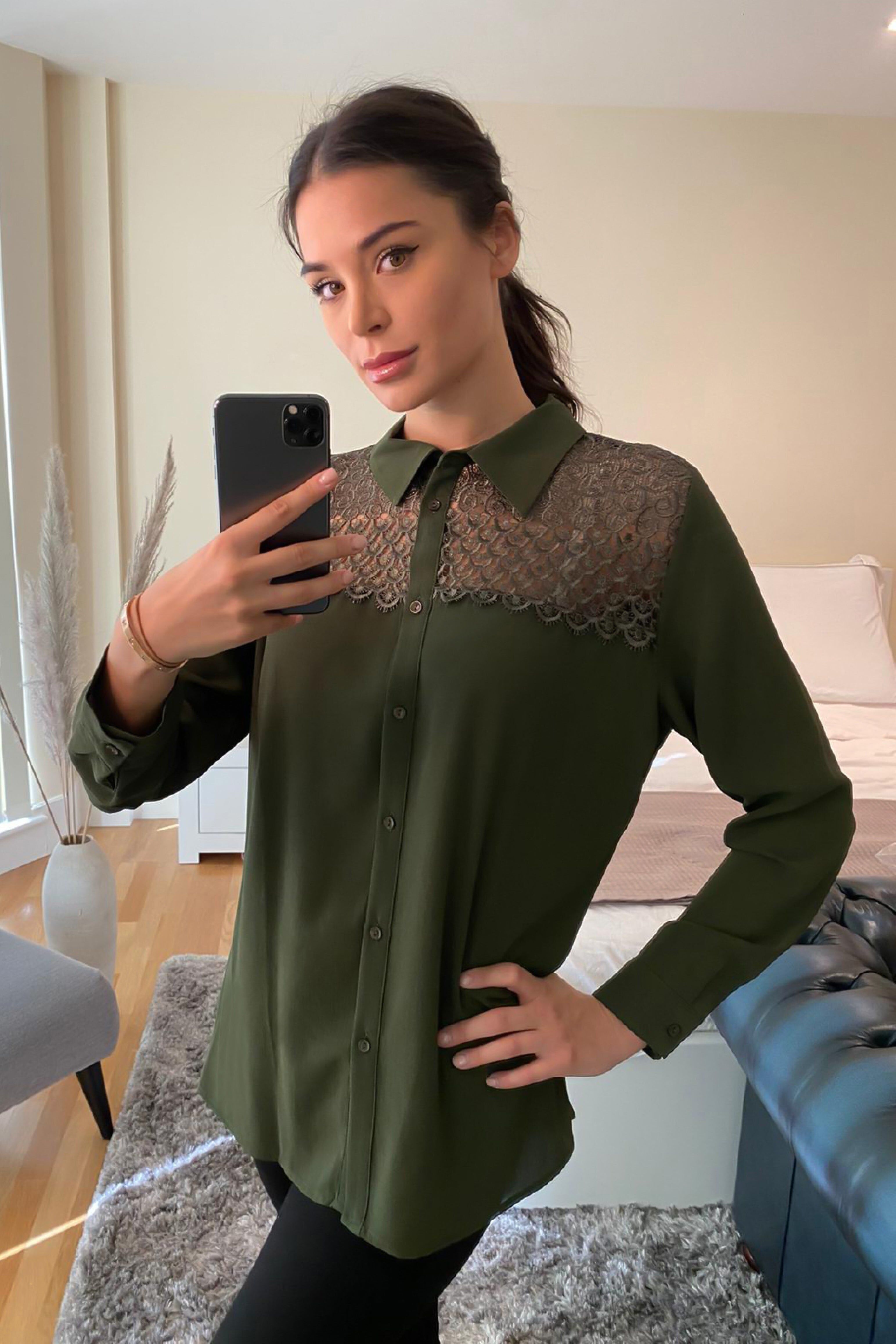 Oversize-Hemd mit Spitzendetail in Grün