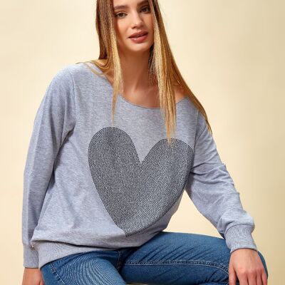 Sudadera extragrande con corazón y escote barco en gris