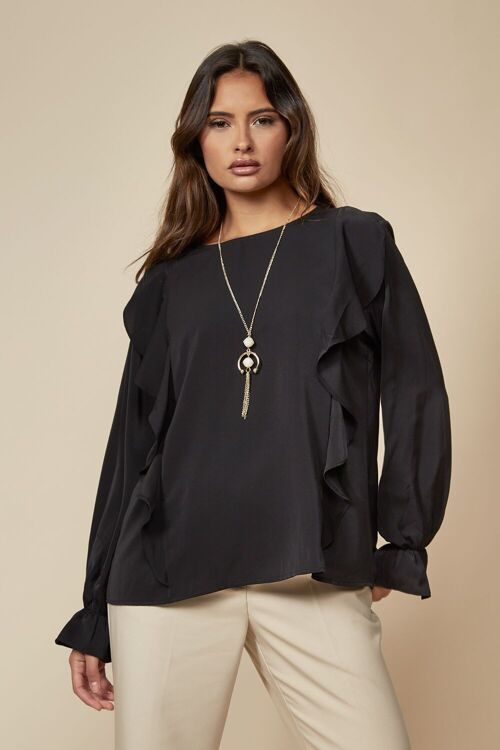 Oversized Top Ruffle Front Details in Black