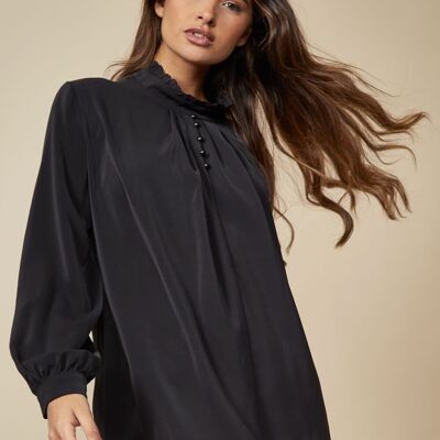 Top oversize con collo a volant e maniche lunghe in nero