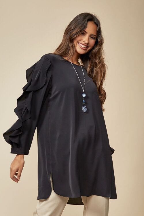 Oversized Ruffle Sleeve Relaxed Fit Tunic in Black