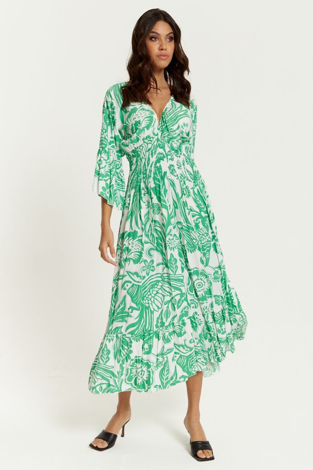 Oversized V Neck Detailed Floral Print Maxi Dress in Green and White