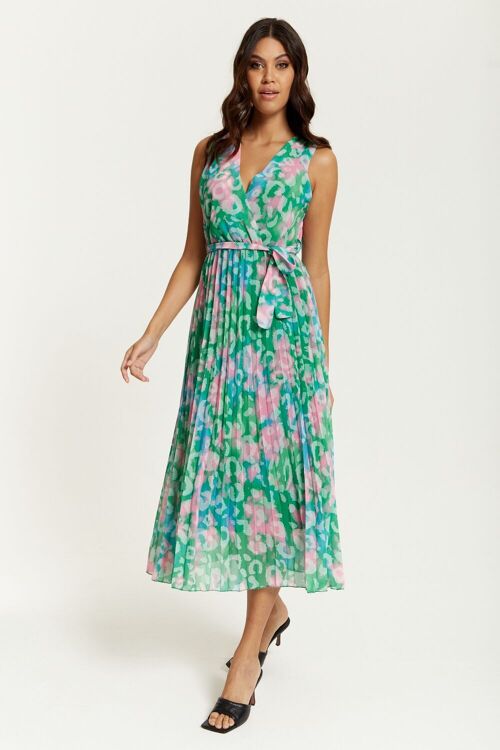 Wrap Front Multi Coloured Pink and Blue Leopard Print Maxi Dress with Pleat Details in Green