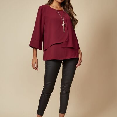 Top superposé à manches 3/4 en bordeaux avec collier