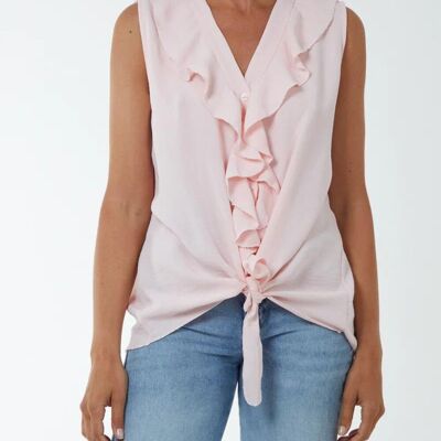 Übergroße, ärmellose Bluse mit V-Ausschnitt, Rüschen vorne und Bindedetail in Pink