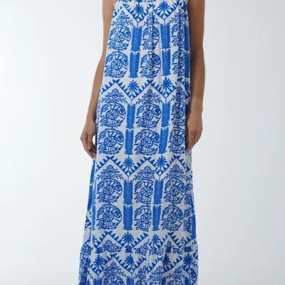 Übergroßes Camisole-Maxikleid mit Azteken-Print in Blau und Weiß