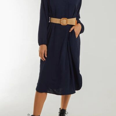 Vestido midi holgado de manga larga con cuello en V y cinturón a juego en azul marino