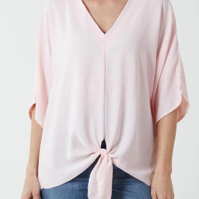 Top extragrande con detalle de lazo, cuello en V y mangas 3/4 en rosa