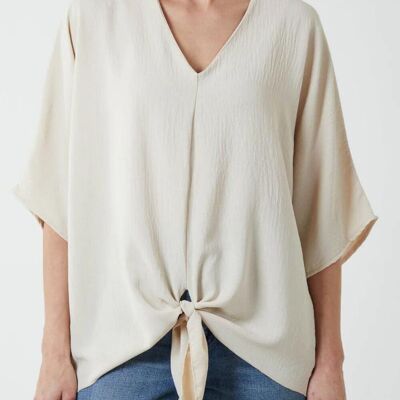 Top extragrande con detalle de lazo, cuello en V y mangas 3/4 en beige
