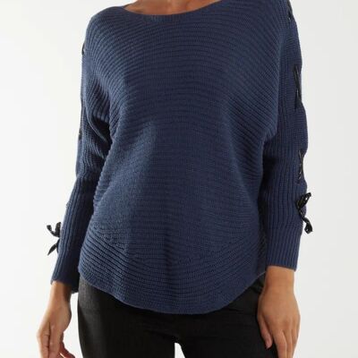 Übergroßer Strickpullover mit langen Ärmeln und Schleifendetails in Marine