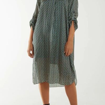 Robe chemise mi-longue imprimée surdimensionnée à manches boutonnées en noir et blanc