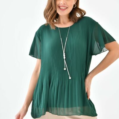 Blusa plisada de manga corta con cuello redondo extragrande en verde con collar