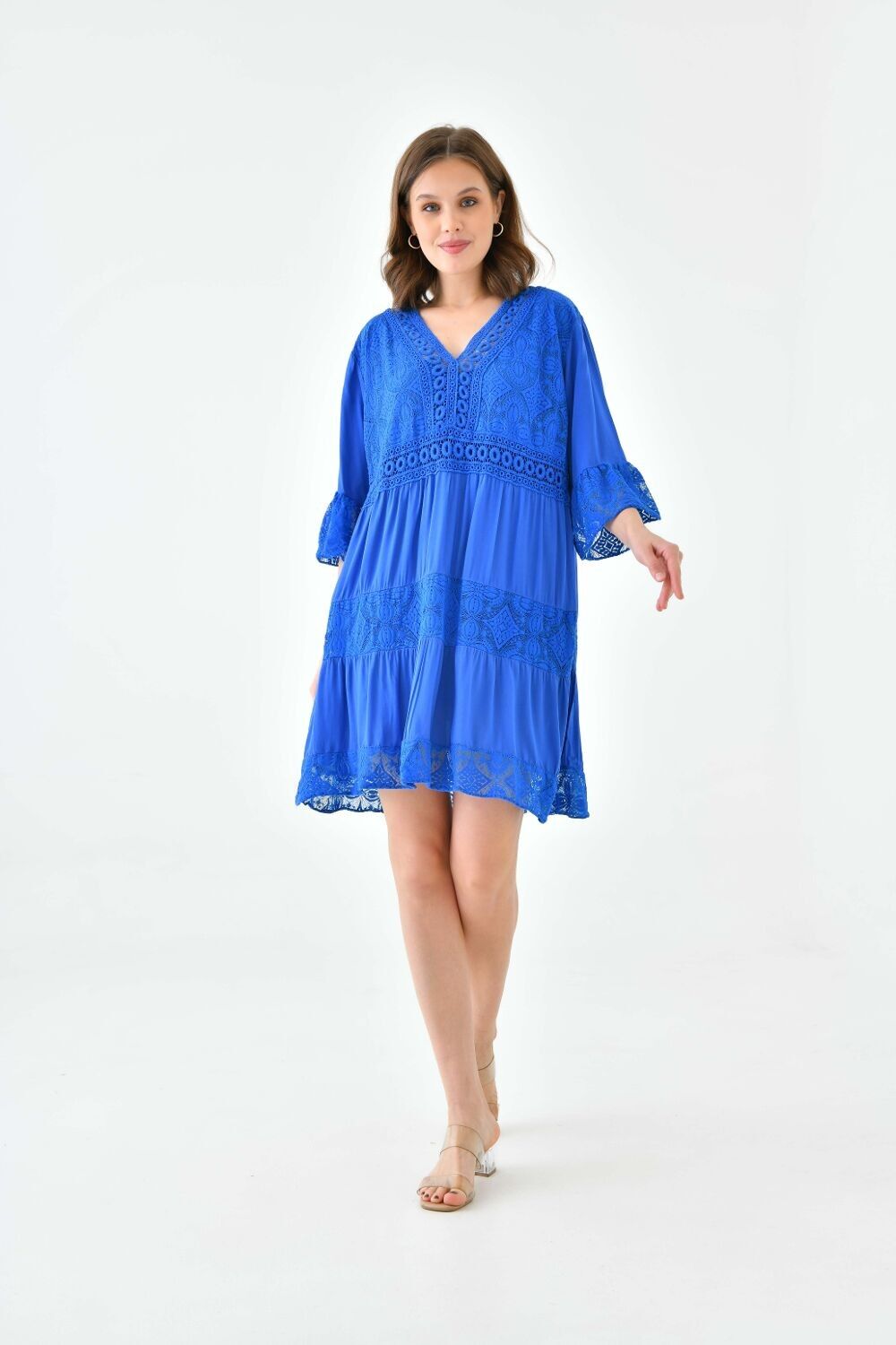 Übergroßes Minikleid mit 3/4-Ärmeln, Spitzendetail und V-Ausschnitt in Marine