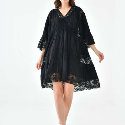 Mini abito oversize con scollo a V e maniche a 3/4 in pizzo nero