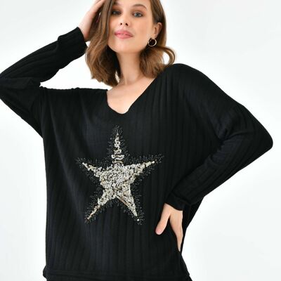 Maglione a maniche lunghe con vestibilità comoda, scollo a V, paillettes e stelle in nero