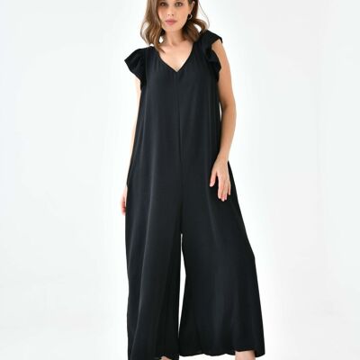 Tuta oversize con scollo a V, maniche a volant dettagliate sul retro e gamba larga in nero