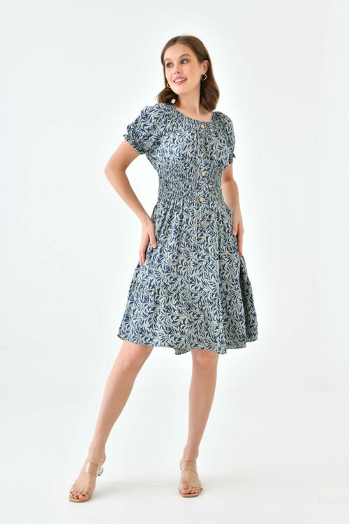 Oversized Shirred Waist Button Down Mini Dress with Leaf Print in Khaki