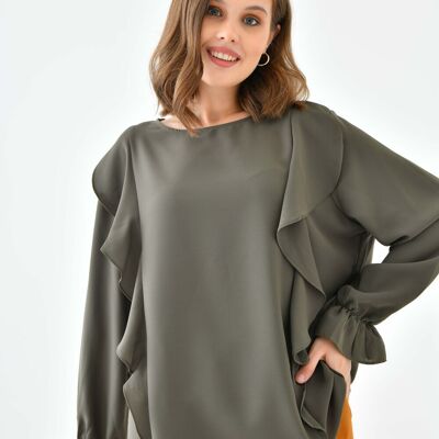 Oversized Frilled Front Blouse with Detailed Cuffs in Khaki