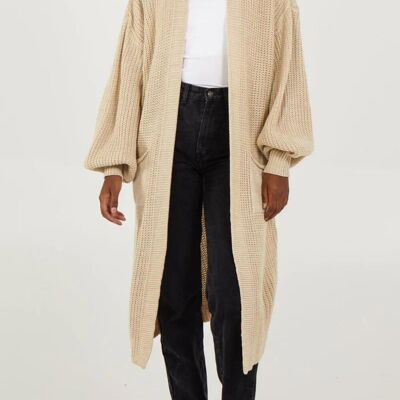 Oversized Long Sleeves Midi Knitted Cardigan with Pocket Details in Stone