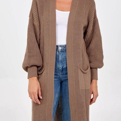 Cardigan tricoté midi surdimensionné à manches longues avec détails de poches en caramel