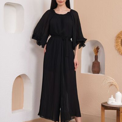 Übergroßer Plissierter Jumpsuit mit weiten Ärmeln und Gürteldetail in Schwarz