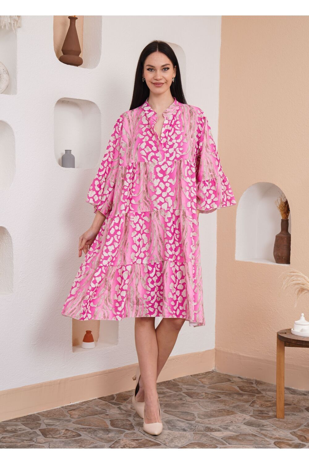 Oversized 3/4 Sleeves Leopard Printed Smock Dress in Pink