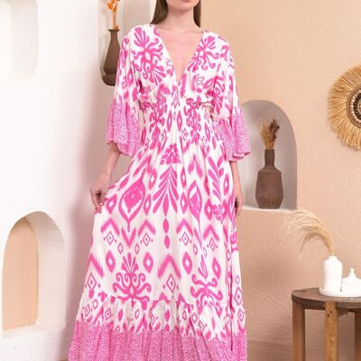 Übergroßes Maxikleid mit Flatterärmeln, geraffter Taille, geometrischem Print und V-Ausschnitt in Pink und Weiß