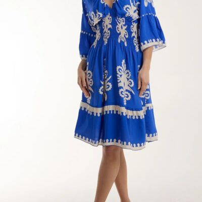 Knielanges Kleid mit 3/4-Ärmeln, V-Ausschnitt und Print in Blau