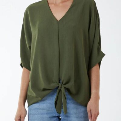 Top oversize con scollo a V dettagliato e maniche a 3/4 in kaki