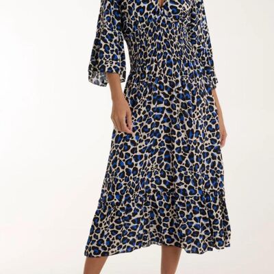 Maxi abito con stampa leopardata dettagliata con scollo a V e vestibilità rilassata in blu scuro