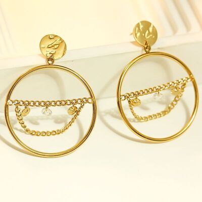 Pendientes Círculo De Oro Con Cadena En El Centro