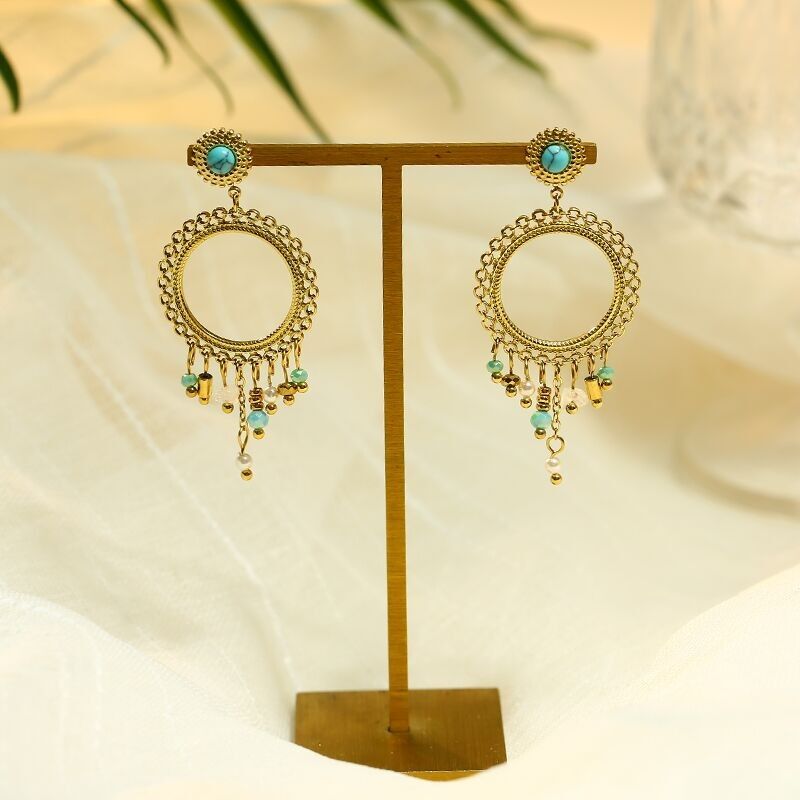 Orecchini In Pietra Turchese Oro Con Catene Pendenti