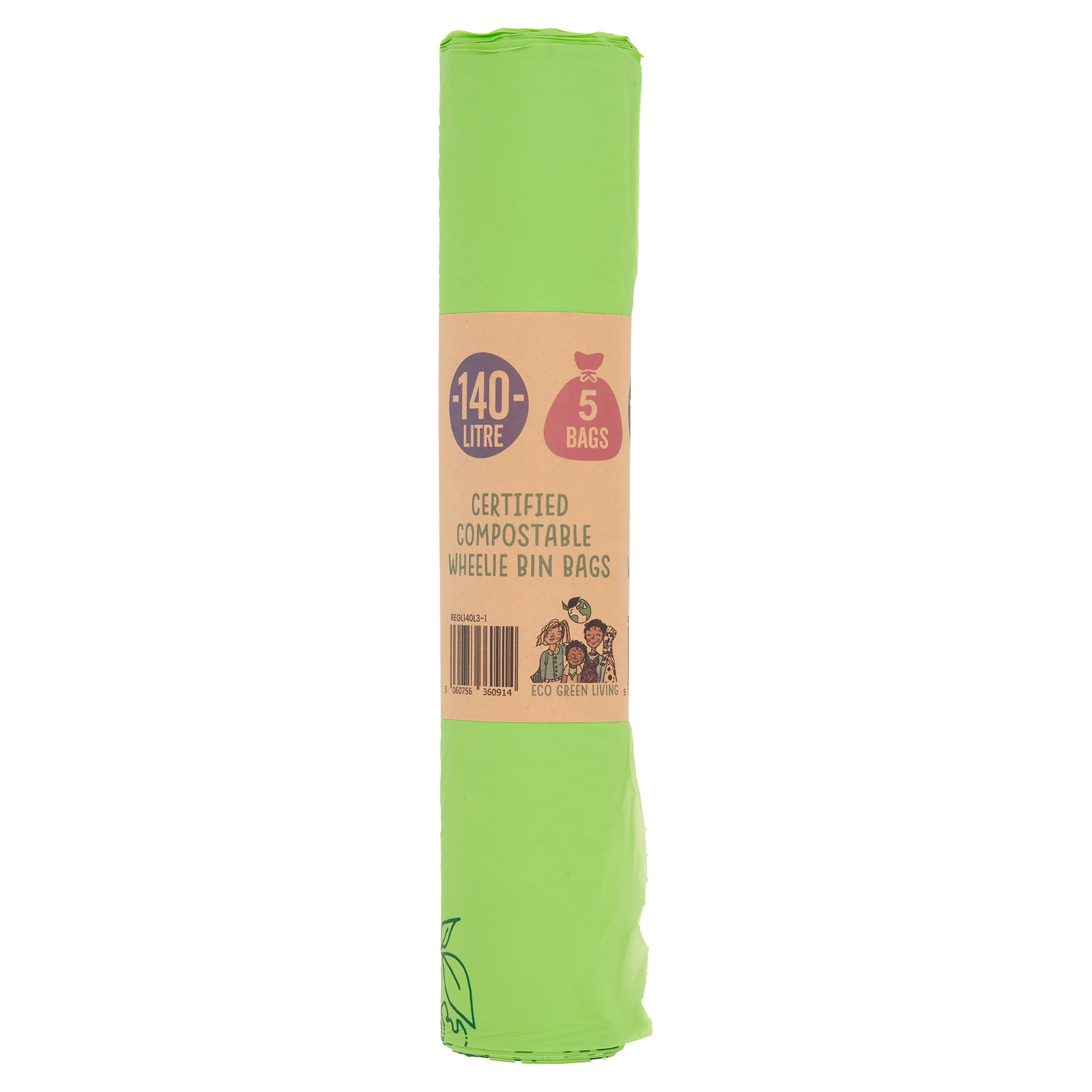 140L zertifizierte kompostierbare Müllsäcke | 1 Rolle mit 5 Säcken | Eco Green Living