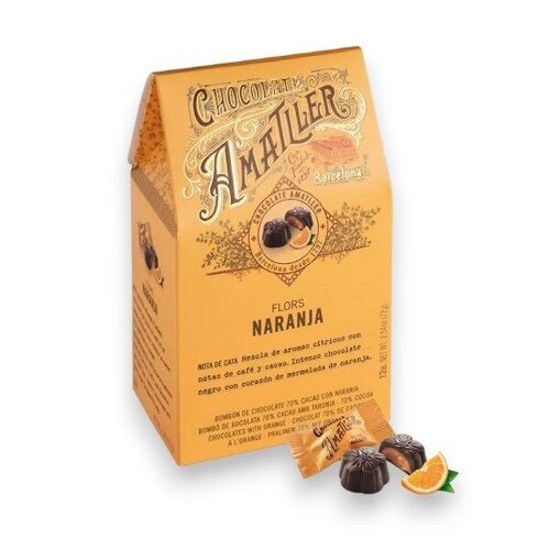 ÉTUI FLOWPACK PRALINÉS CHOCOLAT NOIR 70% ORANGE 72g - Carton de 9 étuis