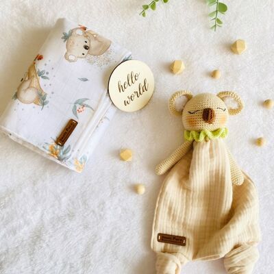 Juego de muselina de edredón Koala para recién nacido hecho a mano de algodón orgánico
