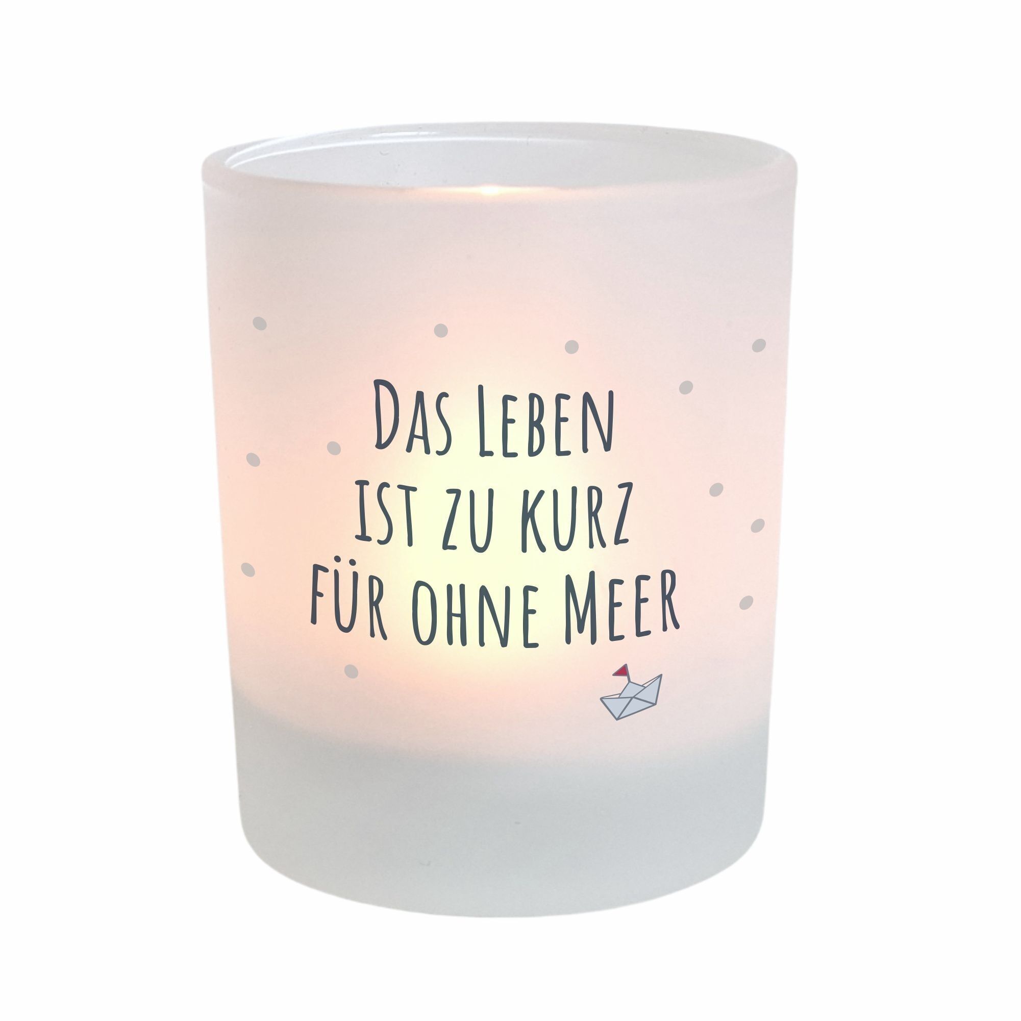 Windlicht Glas Leben zu kurz mit Spruch I Teelichthalter Kerzenständer blau rot I Deko maritim