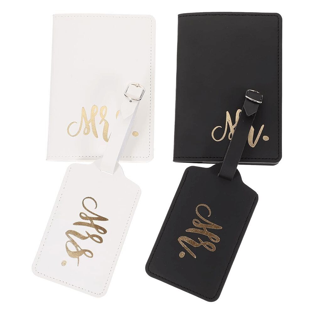 Set di portapassaporto in pelle e targhetta per bagaglio Mr & Mrs