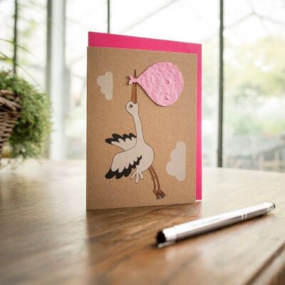 Greeting card - stork, birth girl