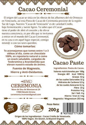 CACAO CEREMONIAL PATE DE CACAO 200g, Pâte de cacao originale du Venezuela 2