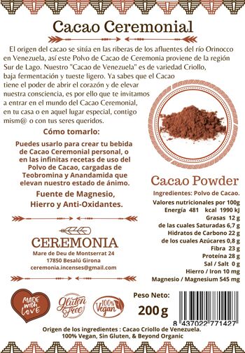 CACAO CEREMONIAL CACAO POWDER 200g Poudre de cacao originale du Venezuela 2