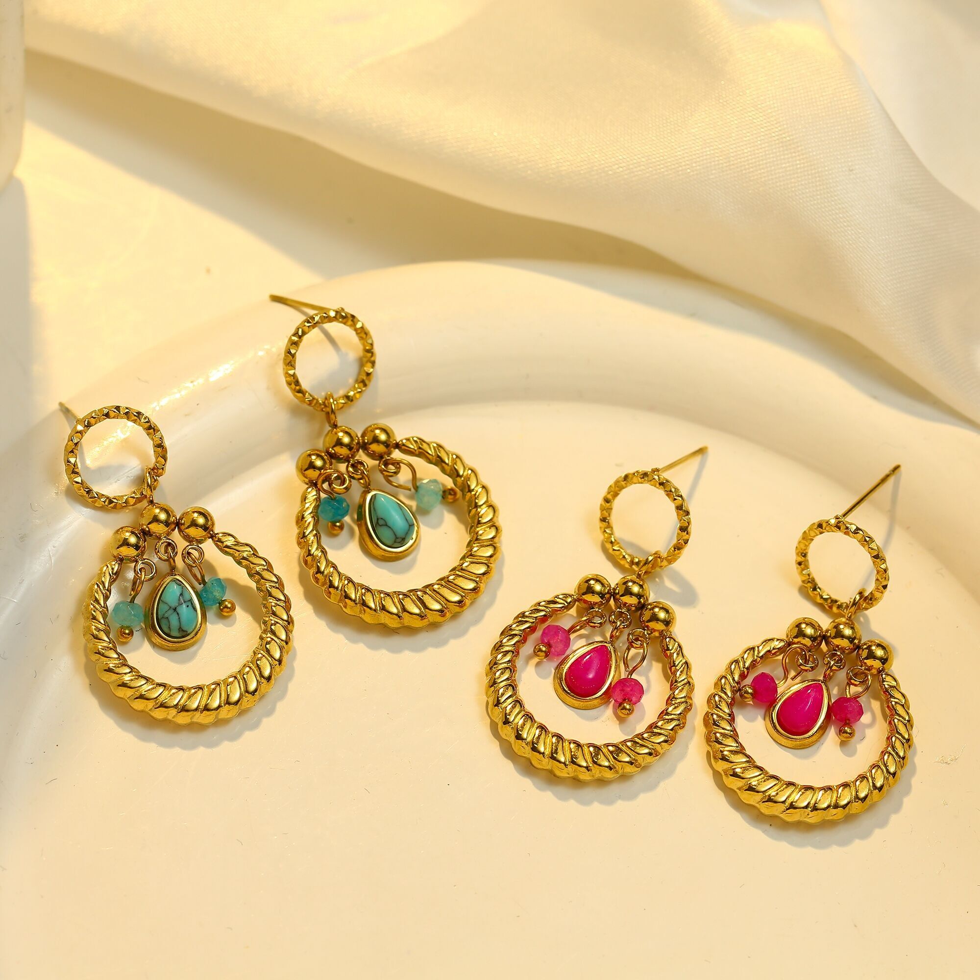 Gold Hoop Earrings with Blue Natural Stones